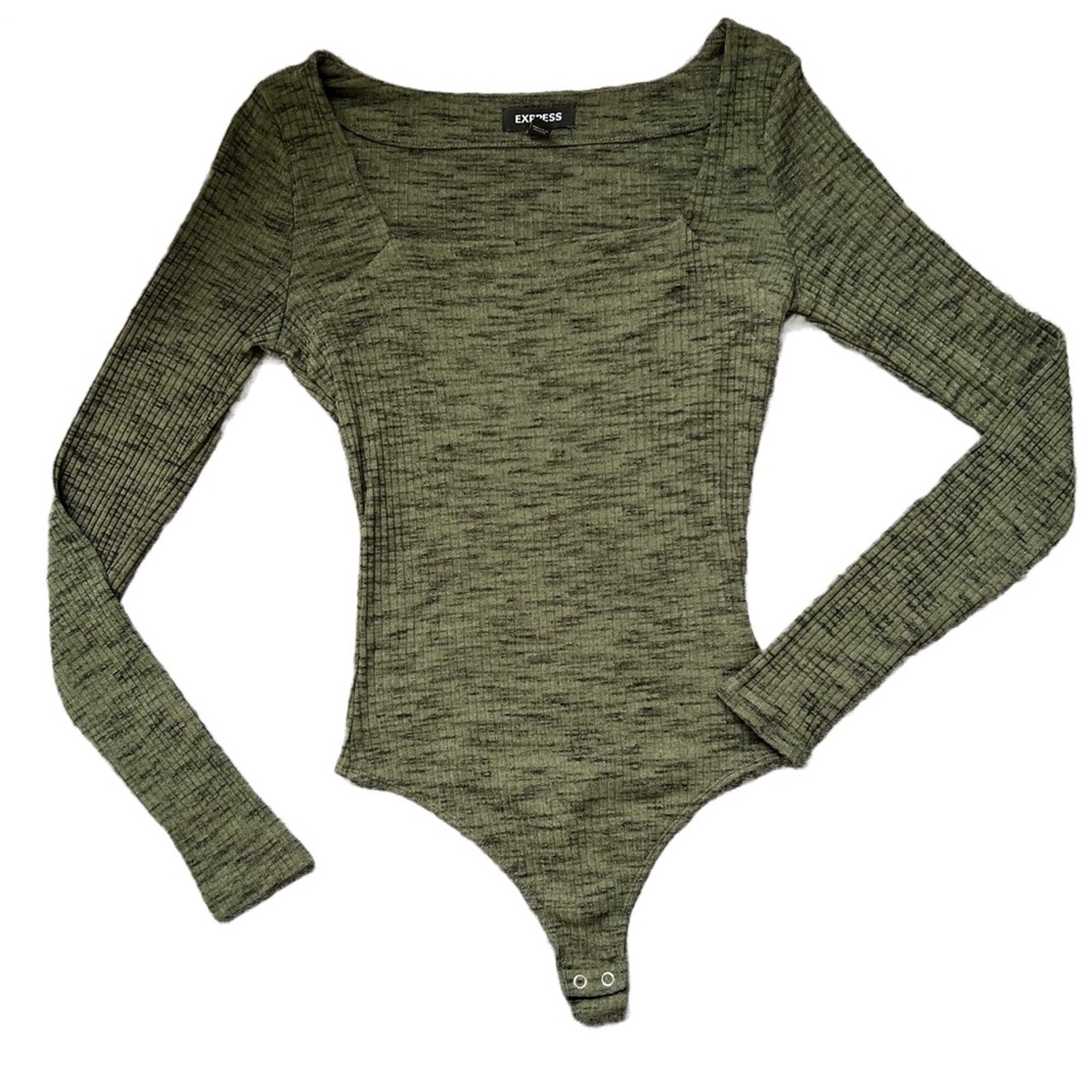EXPRESS GREEN SQUARE NECK LONG SLEEVE RIBBED BODYSUIT SIZE XS